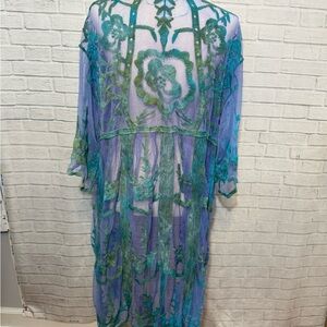 Sold Sheer Blue & Green Ice Dye Embroidered Lace Kimono